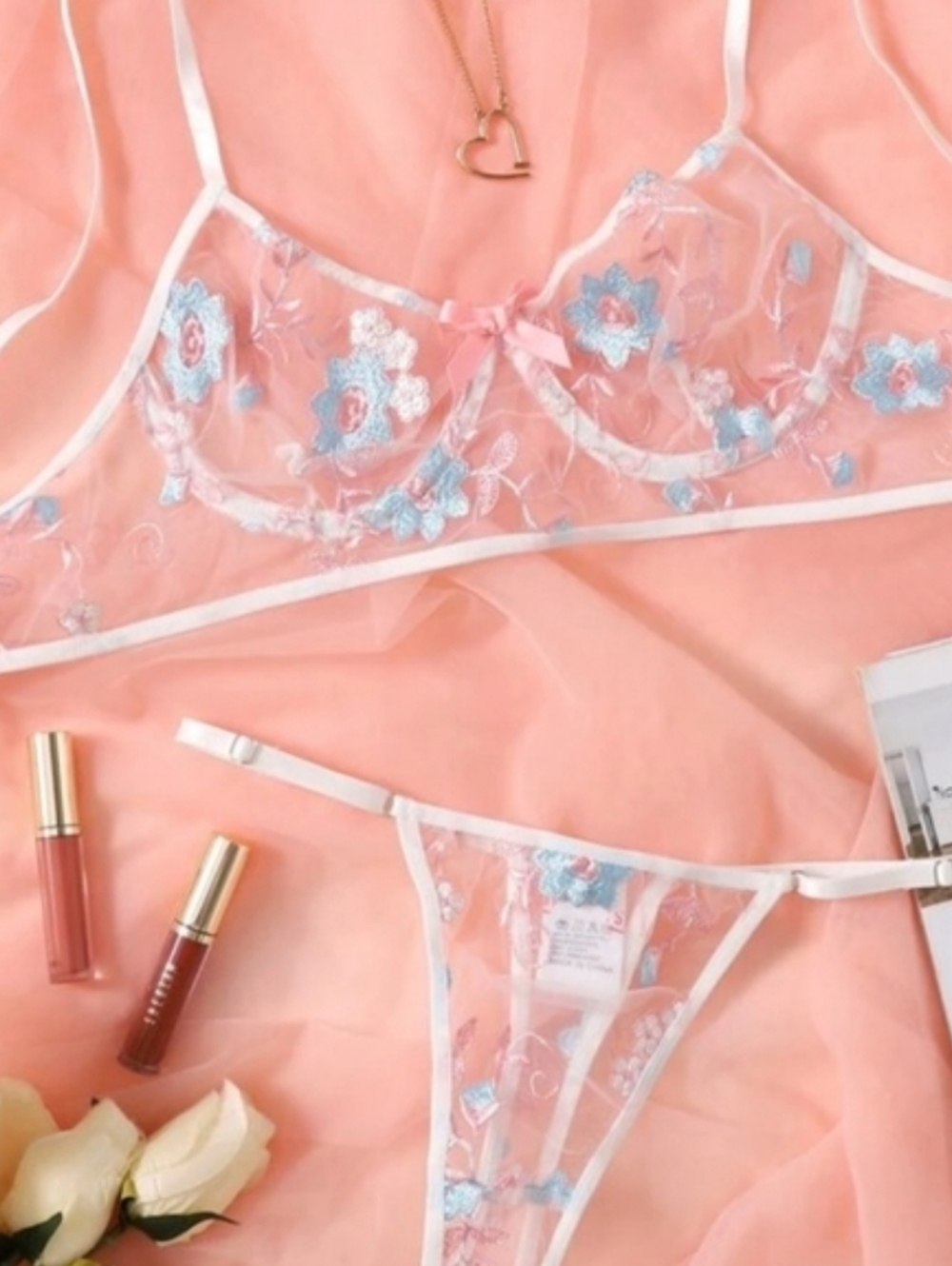 Sheer Floral Embroidered Bralette & Thong Set - Pink